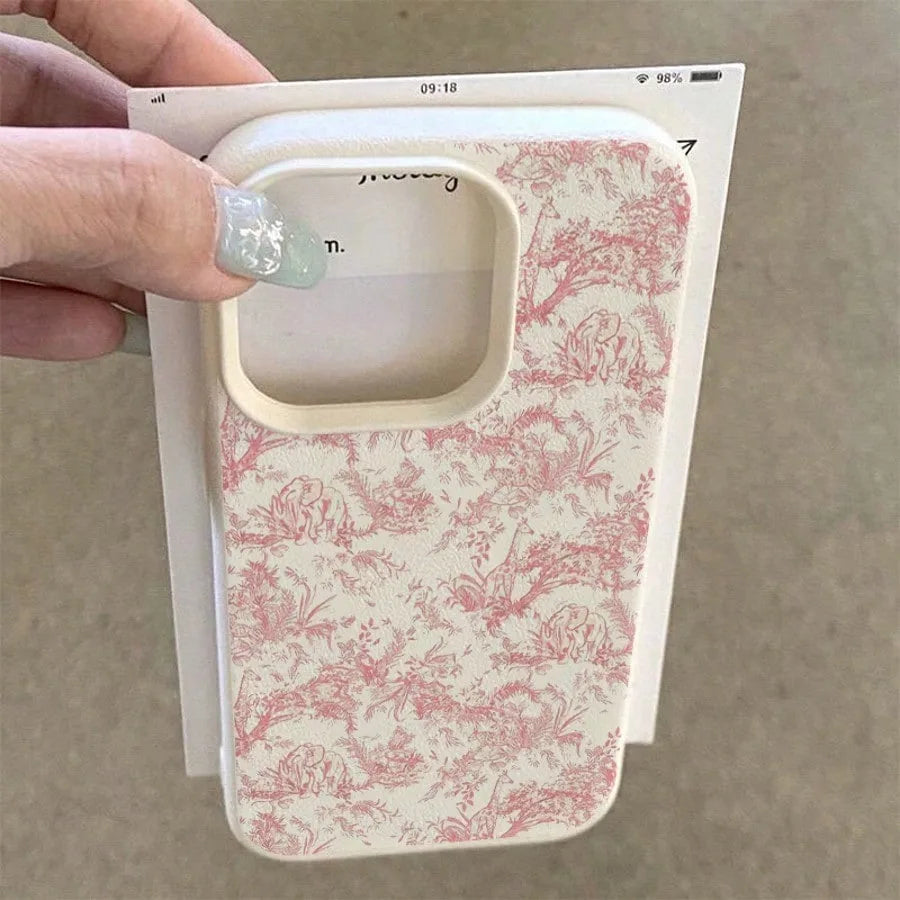 iPhone Serisi Pembe Çiçekli Deri Dokulu Silikon Kılıf