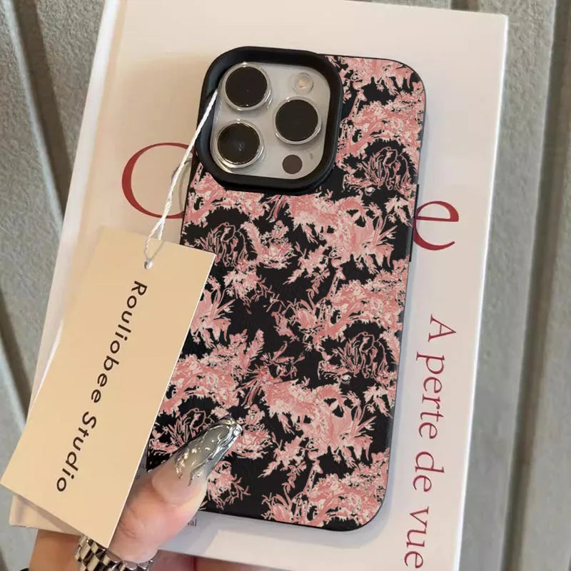 iPhone Serisi Pembe Çiçekli Deri Dokulu Silikon Kılıf