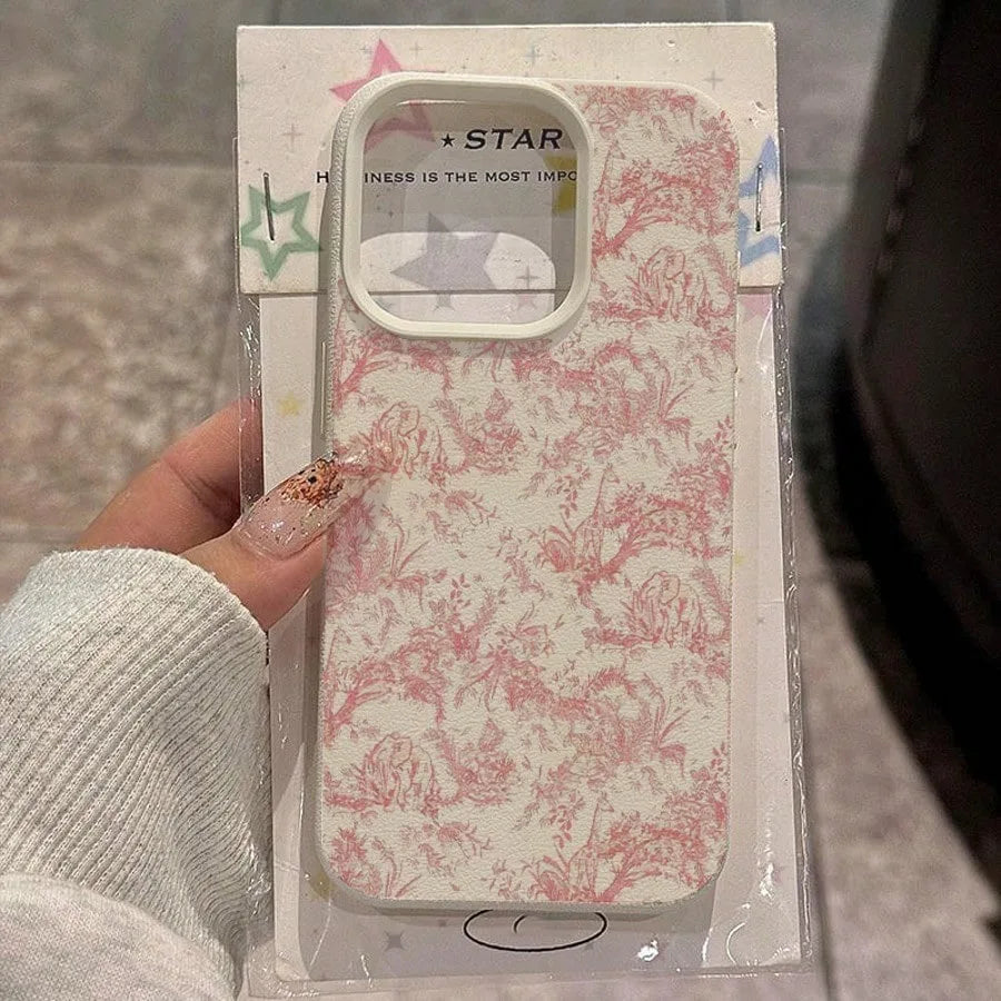 iPhone Serisi Pembe Çiçekli Deri Dokulu Silikon Kılıf