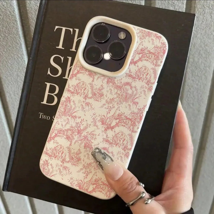 iPhone Serisi Pembe Çiçekli Deri Dokulu Silikon Kılıf