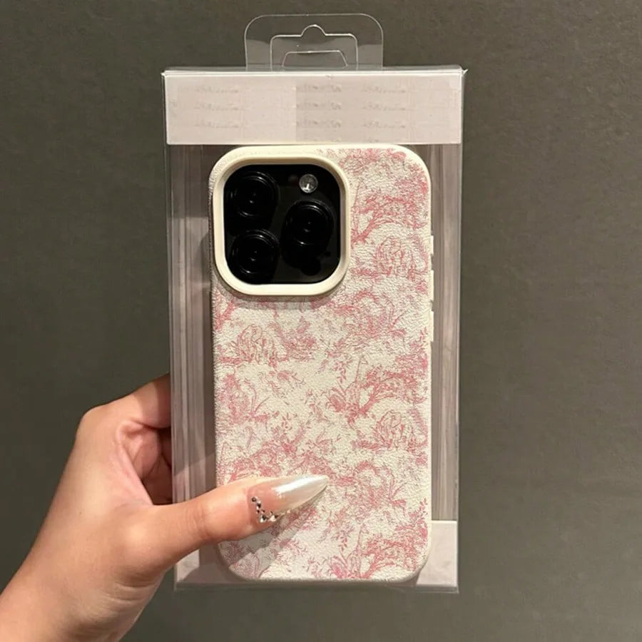 iPhone Serisi Pembe Çiçekli Deri Dokulu Silikon Kılıf