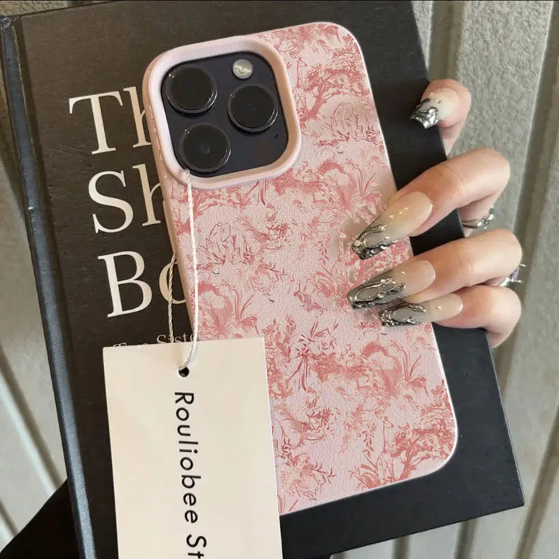 iPhone Serisi Pembe Çiçekli Deri Dokulu Silikon Kılıf