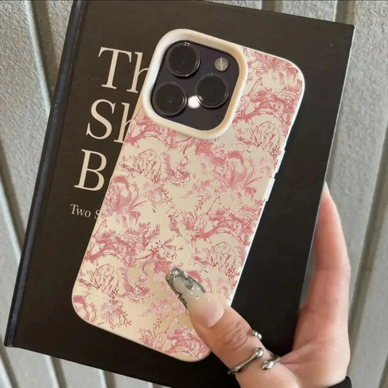 iPhone Serisi Pembe Çiçekli Deri Dokulu Silikon Kılıf